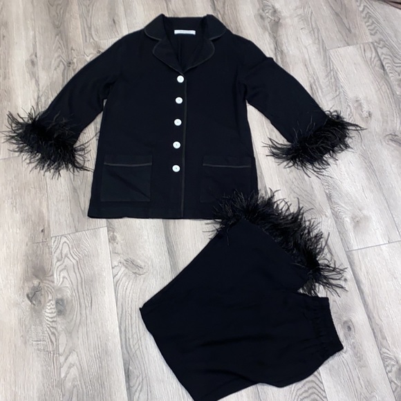 Sleeper Feather Trim Black Pajama Set S